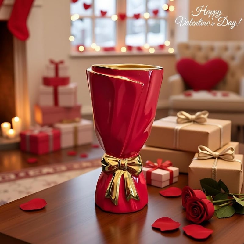 WLGRANJIA Red and Gold Bow Ceramic Vase - Flower Vases for Home Decor, Bow Decor, Boho Style, 9.65 Inch Flower Vases for Bouquet, Large Vase for Ideal Shelf Decor/Table (Red and Gold, Large) - Image 2